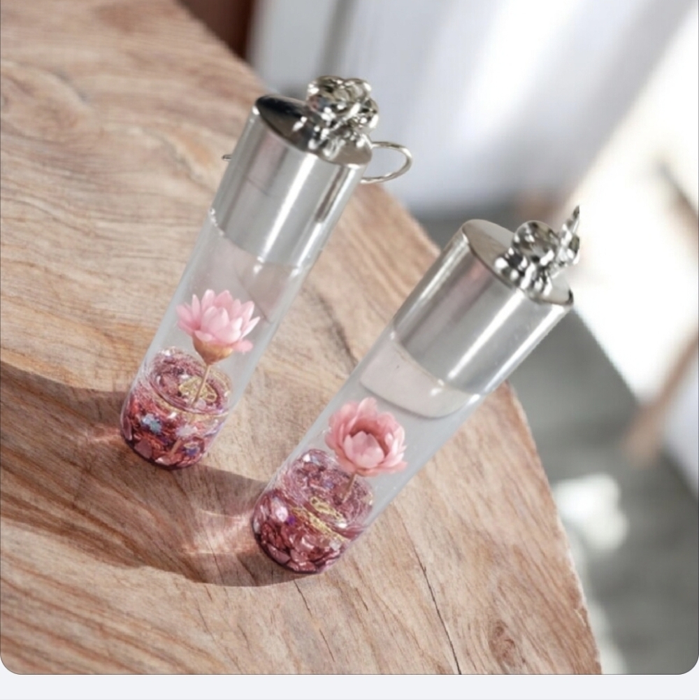 Pink Wish Flowers Glass Bottle Dangle Earrings - Picture 13 of 14